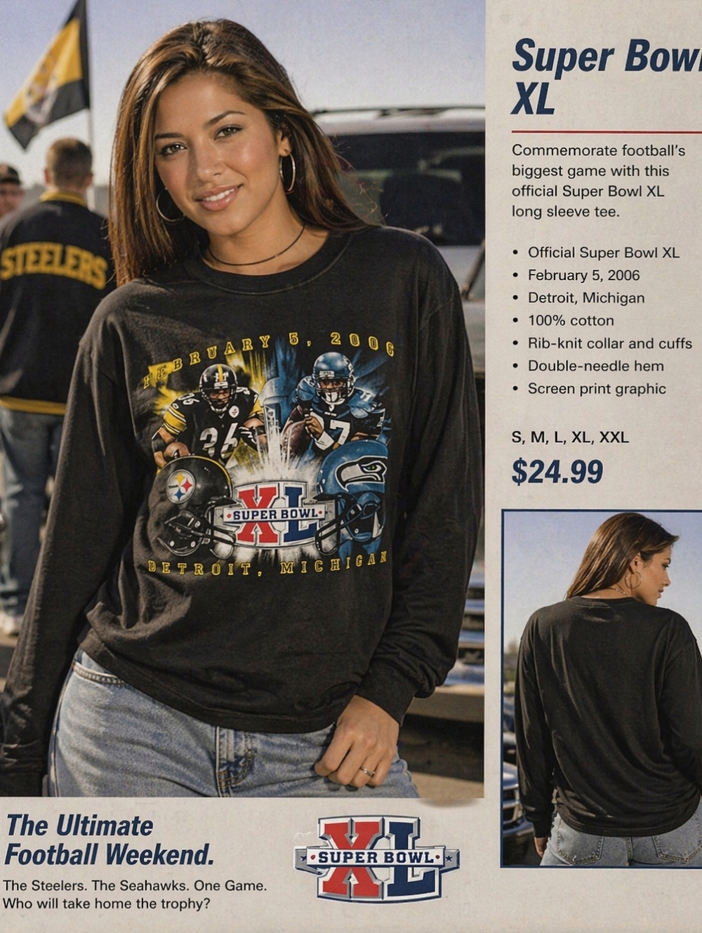 Black Vintage 2006 Super Bowl XL Graphic Long Sleeve Tee